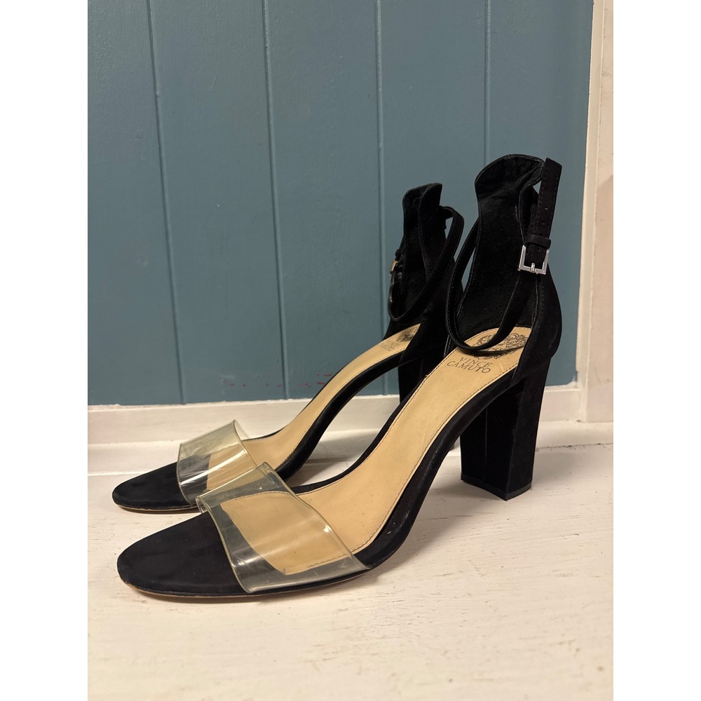 Vince Camuto Black Suede‎ Clear Ankle Strap Block Heel Sandals